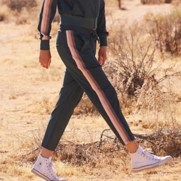 Spiritual Gangster Track Pants Womens Medium Green Stripe Pockets Loungewear - Picture 1 of 11